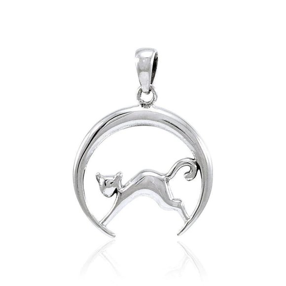 Cat Crescent Moon Charm Sterling Silver Pendant - Picture 2 of 3